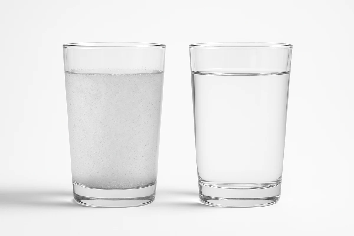 Electrolyte powder dissolving into a clear glass of water against a white background