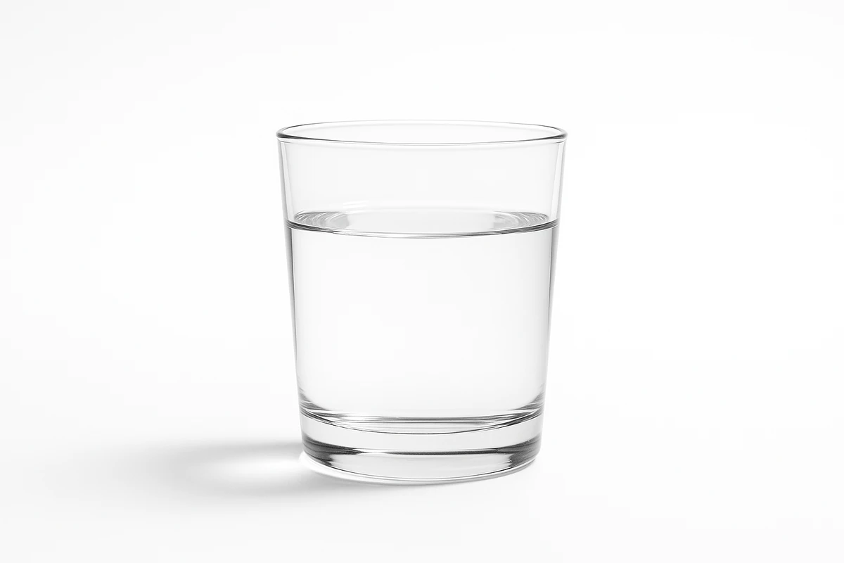 A clear glass of water on a white surface, lit bright and even