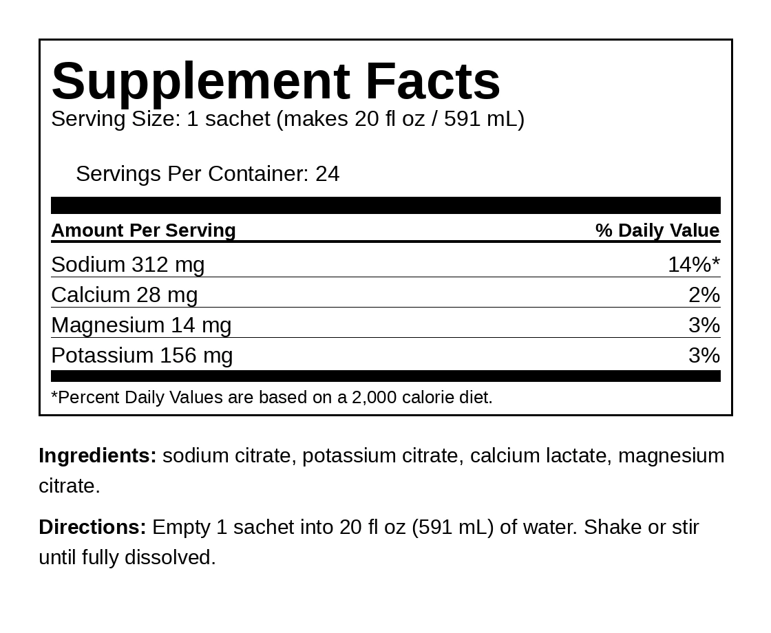 Just Electrolyte All Day Hydration Supplement Facts panel: 24 servings per container, sodium 312 mg, calcium 28 mg, magnesium 14 mg, potassium 156 mg per single-serve sachet