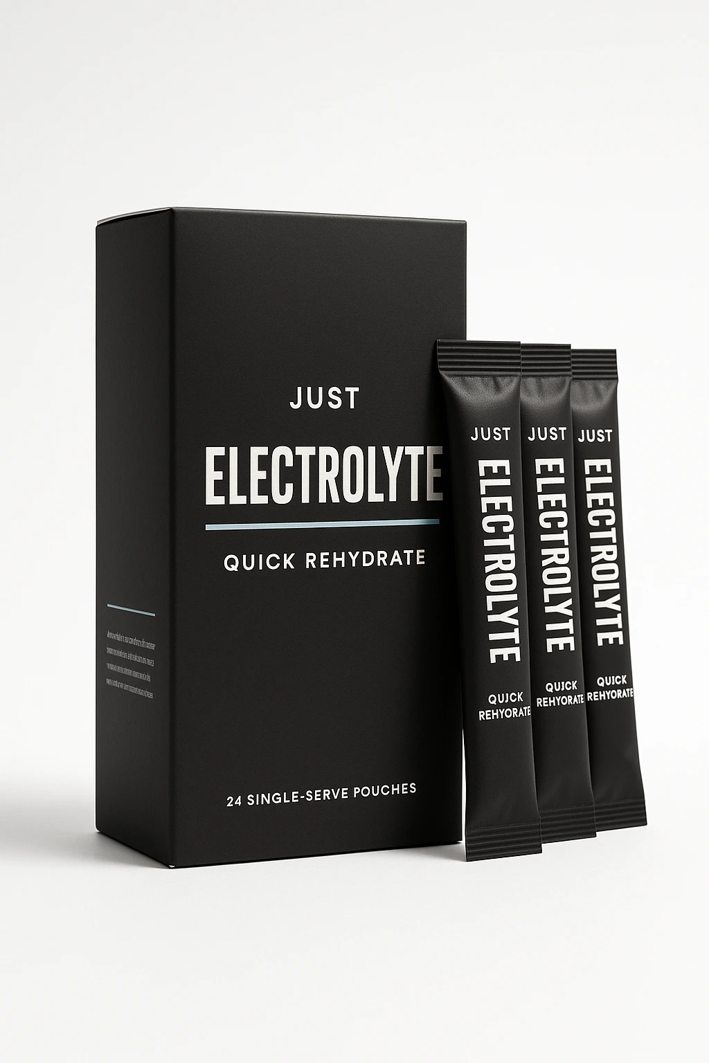 Just Electrolyte Quick Rehydrate single-serve stick packs box, matte black