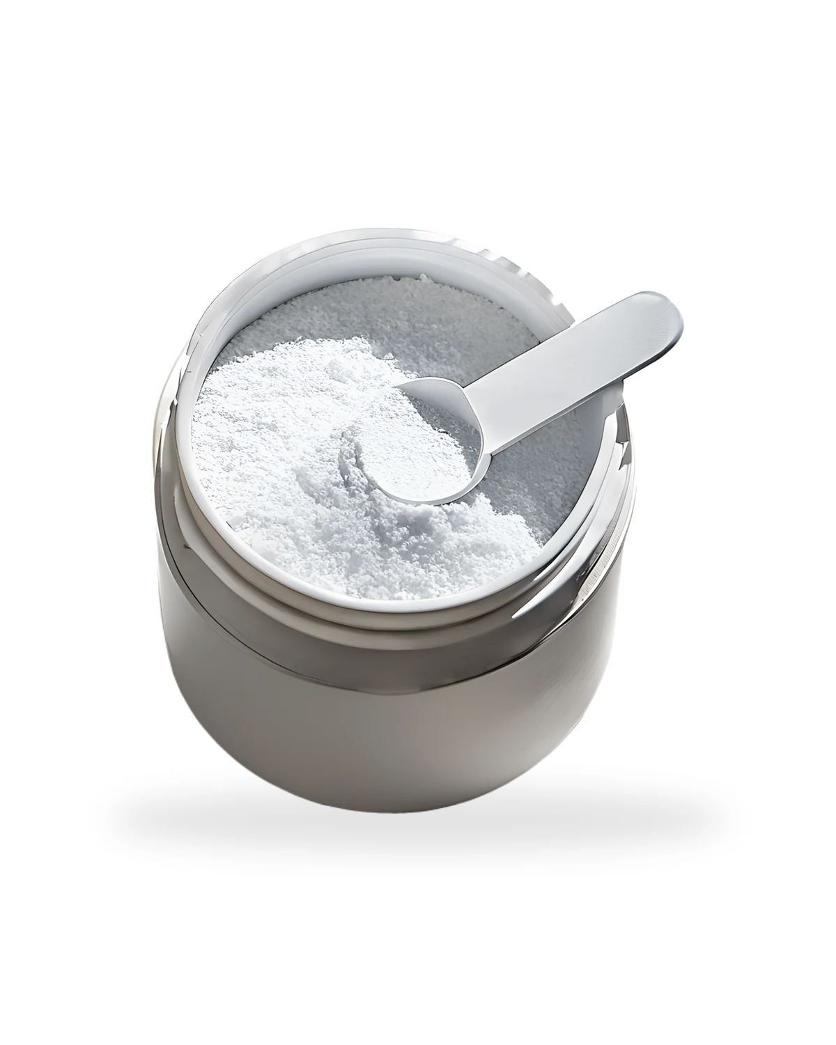 Open Just Electrolyte tub from above with a measuring scoop resting in fine white electrolyte powder