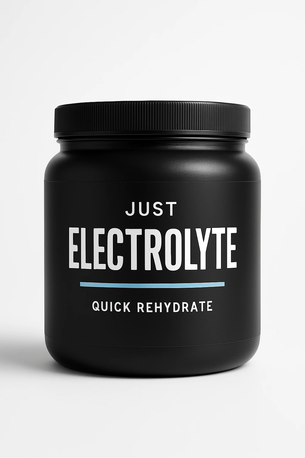 Just Electrolyte Quick Rehydrate formula tub, matte black with paper lettering