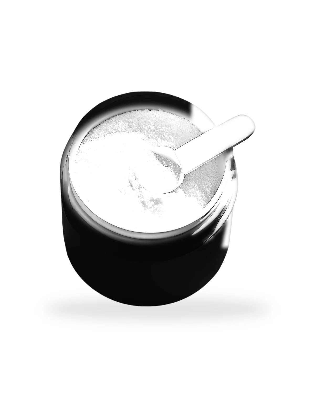 Open matte-black Just Electrolyte Quick Rehydrate tub from above with a measuring scoop in fine white electrolyte powder