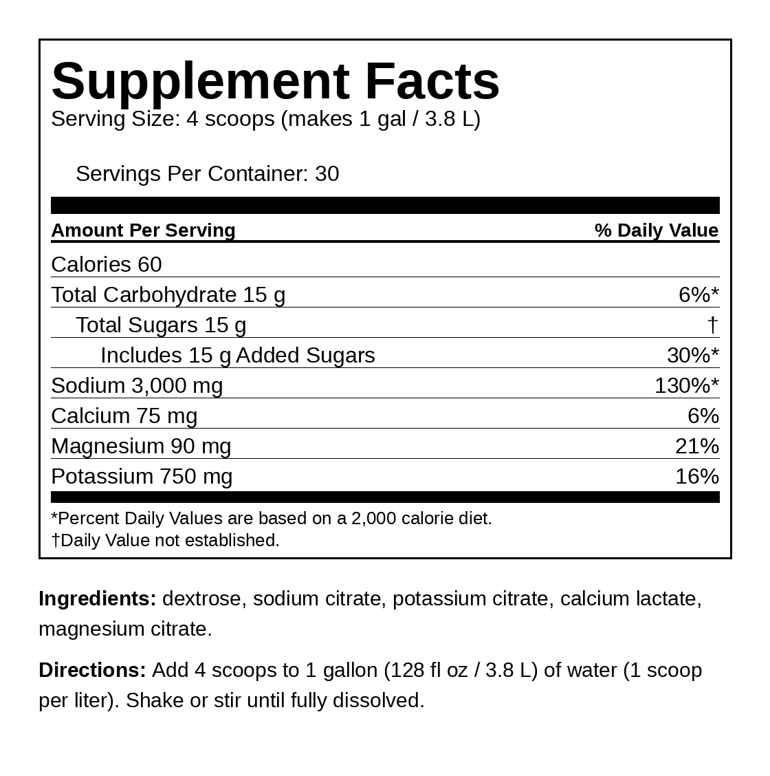 Just Electrolyte Quick Rehydrate Supplement Facts panel: 30 servings per container, sodium 3,000 mg, 15 g added sugars, calcium 75 mg, magnesium 90 mg, potassium 750 mg per serving