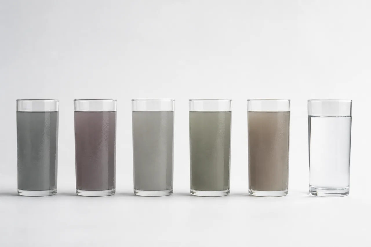 Rows of brightly dyed sports drinks rendered in grayscale beside a single clear glass, which reads as the most honest object in the frame.