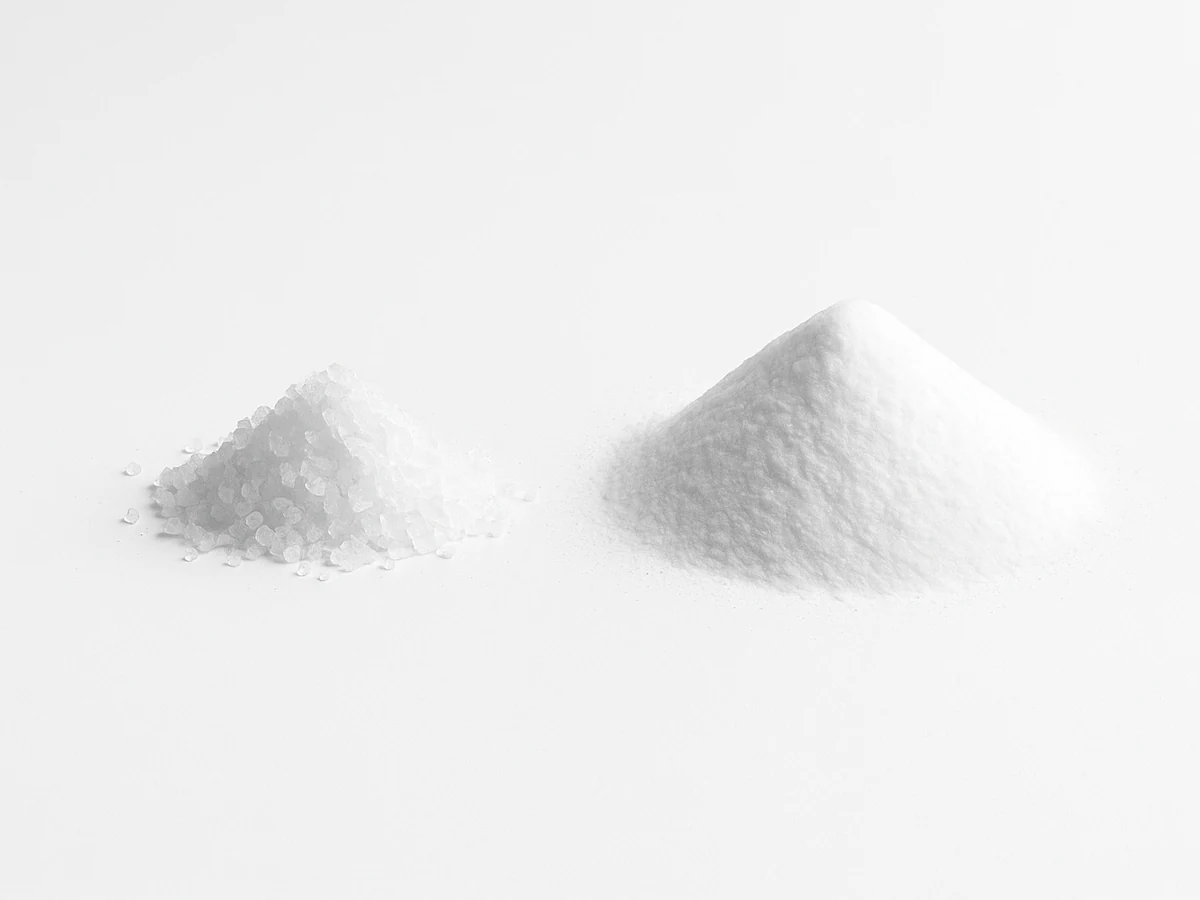 Two unlabeled piles of white mineral powder side by side on a white surface